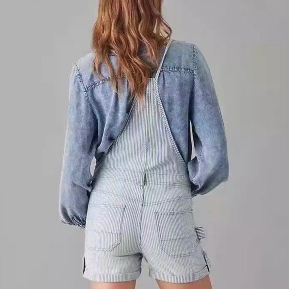 Pilcro Anthropologie Shortalls Womens‎ 30 Blue Railroad Stripe Button Front - Picture 3 of 11